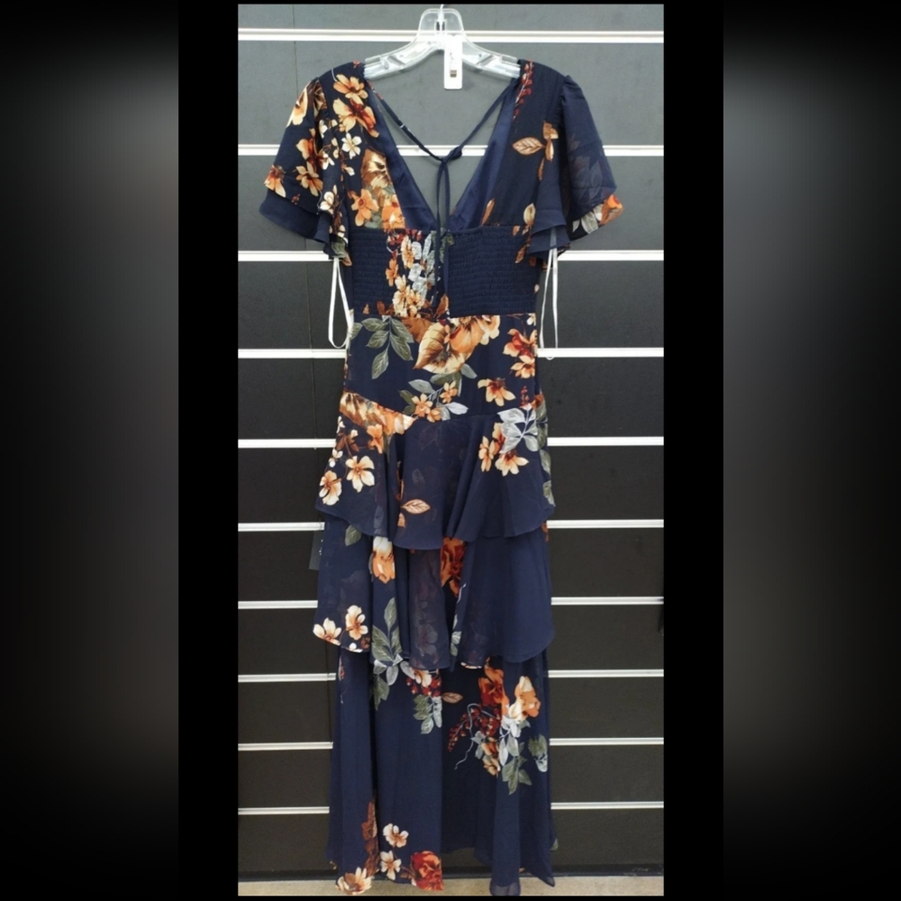 Midnight Mood Navy Blue Floral Print Tiered Maxi Dress Size XS - Picture 5 of 11